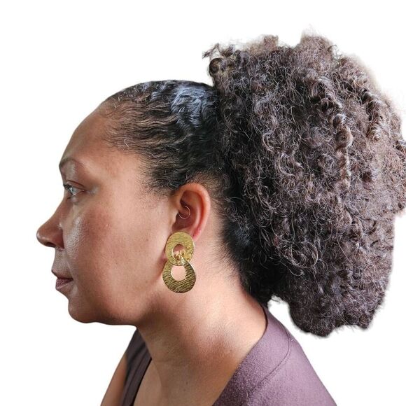 Vintage KJL Gold-Tone Textured Double Circle Clip-On Earrings | Boho Style | 2" - Picture 1 of 9